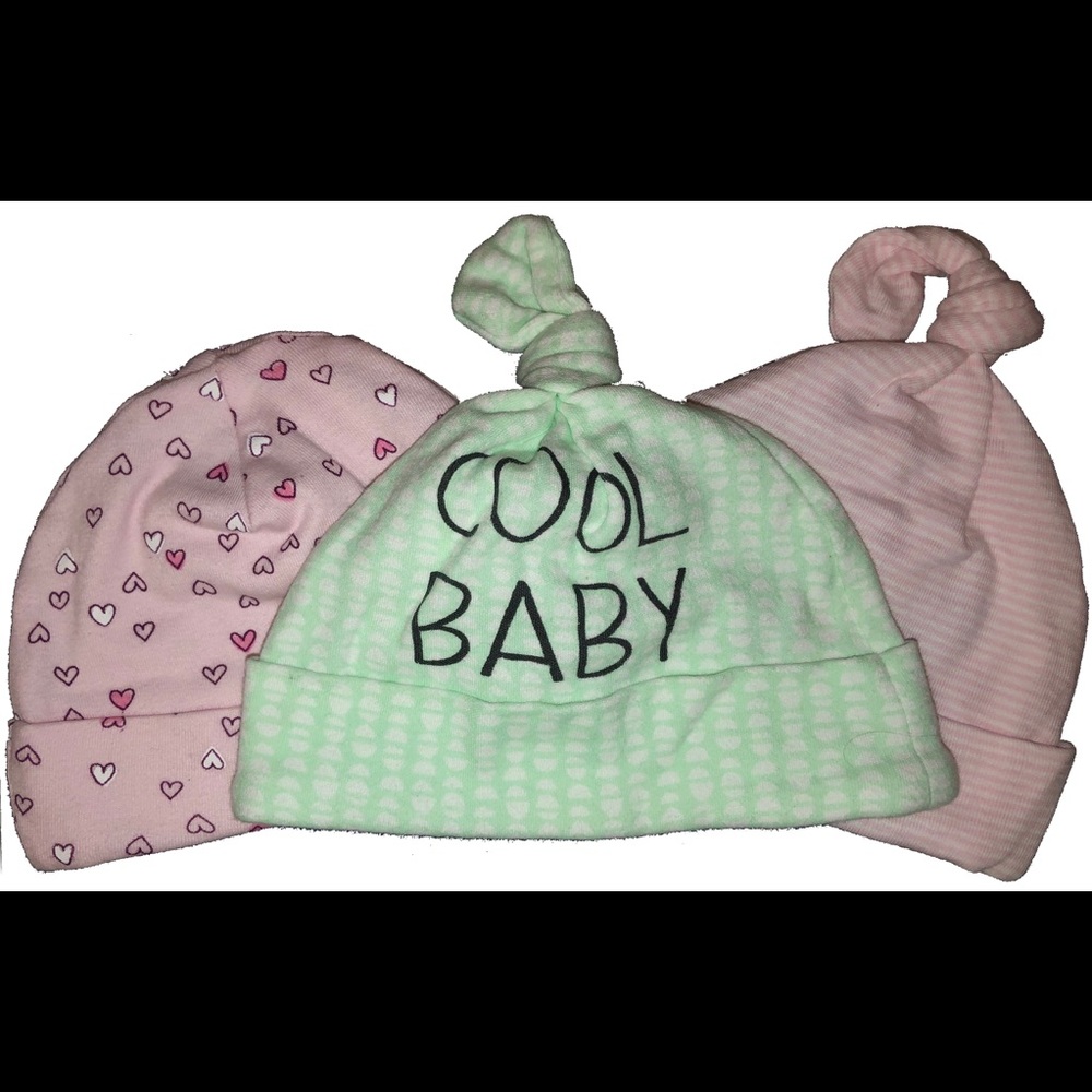 Lot of 3 Baby Beanie Caps Size 0-6 Mo